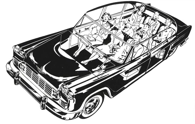 Типично американская трёхрядная планировка салона такси А9 для семи пассажиров и водителя. 1960 год.