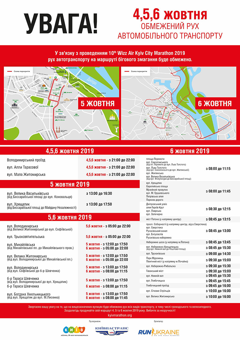 Из-за марафона в Киеве перекроют 40 улиц и три моста (список)